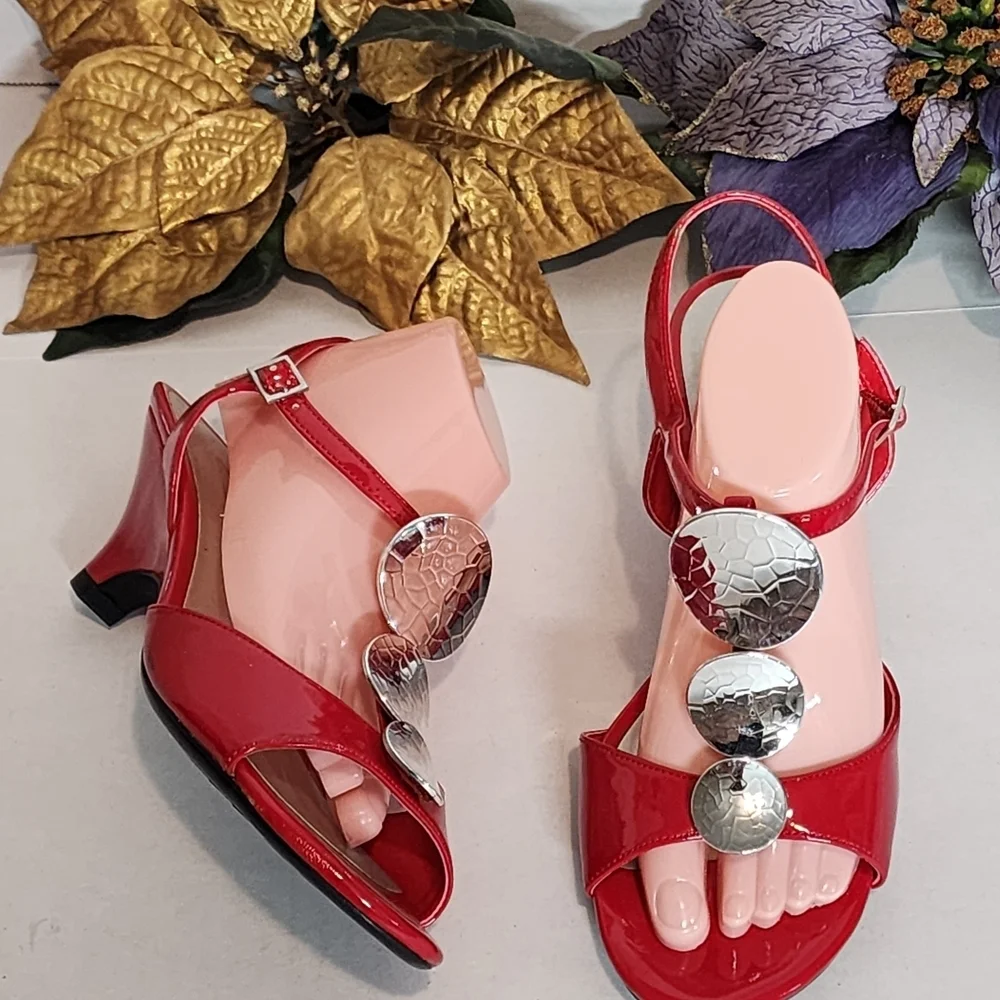 Red Patent Leather Sandals with Silver Accents